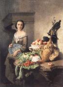 House lass next to a table of full groceries unknow artist